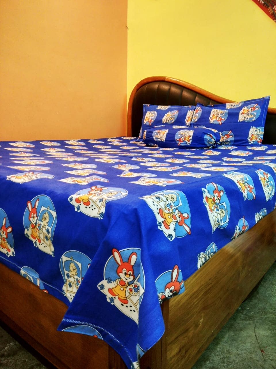 Printed soft cotton king size double bed sheet with 2 head pillow covers &  1 side pillow cover Blue Cartoon print for kids - Lajime